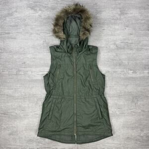 Athleta Green Alpine Air Vest Faux Fur Removable Hood Zip Pockets Sz Small EUC